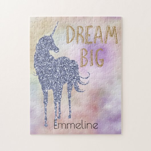 Gold Glitter Dream Big Unicorn Gepersonaliseerde n Legpuzzel (Verticaal)
