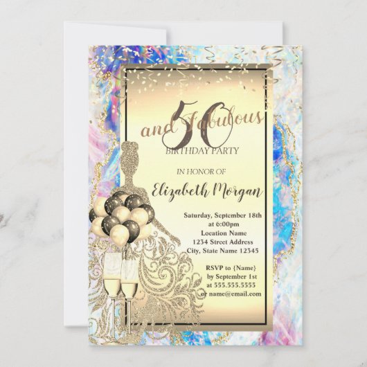 Gold Glitter Dress, Ballons, Opal 50th Birthday Kaart (Voorkant)