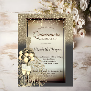 Gold Glitter Dress, Ballons, Quinceanera Celebrati Kaart