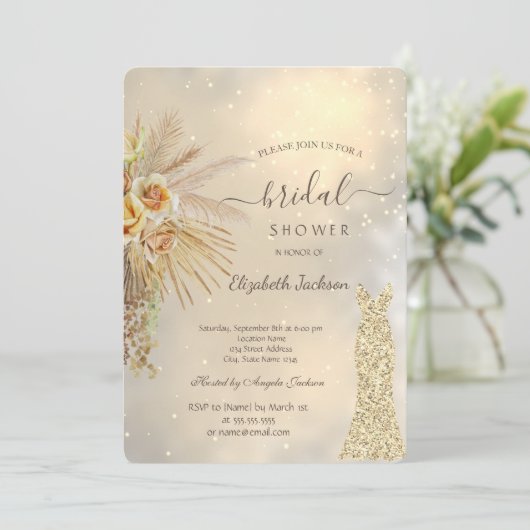 Gold Glitter Dress Boho Flowers Vrijgezellenfeest Kaart (Staand voorkant)