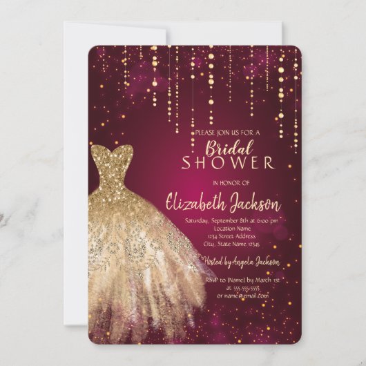 Gold Glitter Dress, Confetti Burgundy Vrijgezellen Kaart (Voorkant)