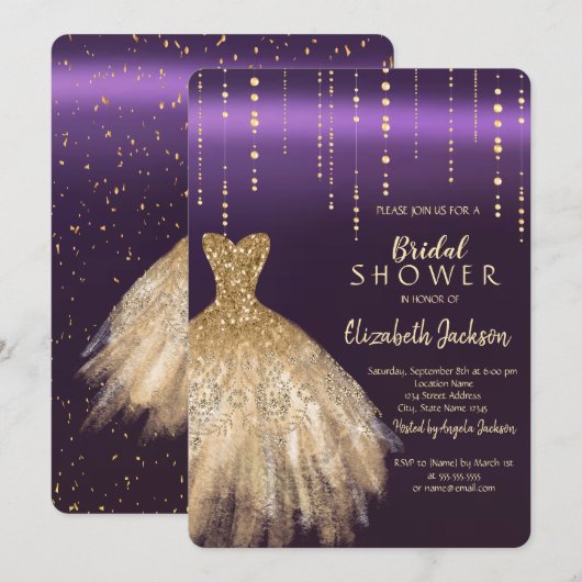 Gold Glitter Dress, Confetti Violet Vrijgezellenfe Kaart (Voorkant / Achterkant)