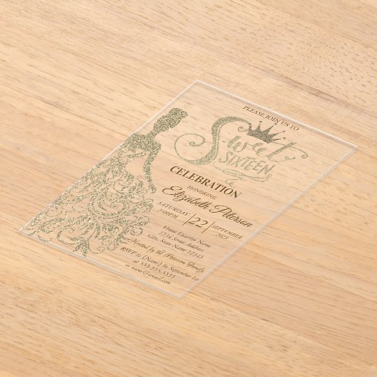 Gold Glitter Dress, Diamonds Green Sweet 16 Acryl Uitnodigingen (Laagn)