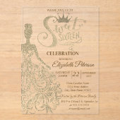 Gold Glitter Dress, Diamonds Green Sweet 16 Acryl Uitnodigingen (Voorkant)