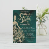 Gold Glitter Dress, Diamonds Green Sweet 16 Kaart (Staand voorkant)
