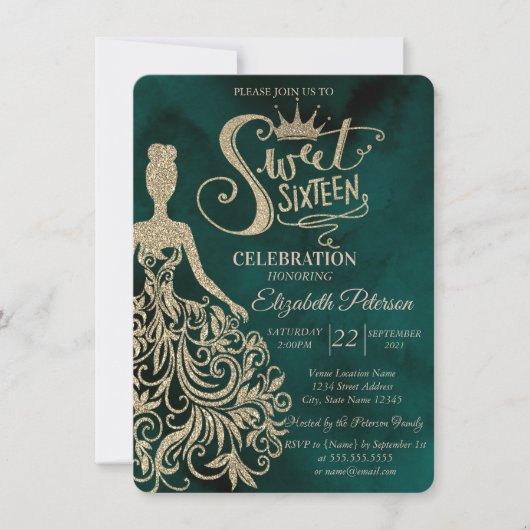 Gold Glitter Dress, Diamonds Green Sweet 16 Kaart (Voorkant)