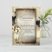 Gold Glitter Dress, Heels, Quinceanera Celebration Kaart (Staand voorkant)