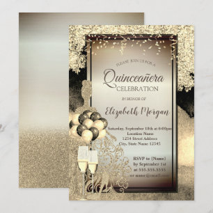 Gold Glitter Dress, Heels, Quinceanera Celebration Kaart