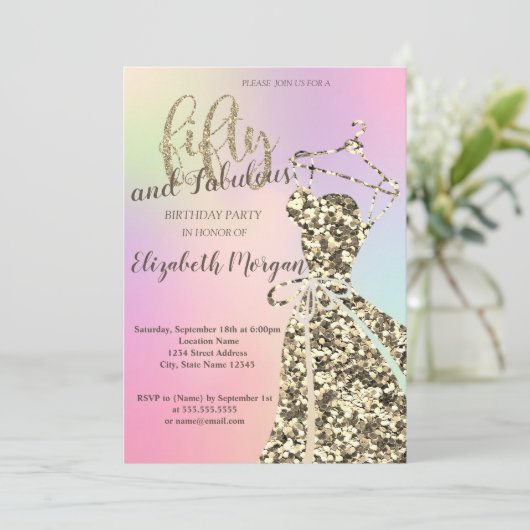 Gold Glitter Dress, Holografisch 50th Birthday Par Kaart (Staand voorkant)