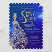 Gold Glitter Dress, Tiara, Diamonds Blue Sweet 16 Kaart (Voorkant / Achterkant)