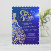 Gold Glitter Dress, Tiara, Diamonds Blue Sweet 16 Kaart (Staand voorkant)
