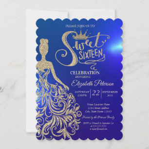Gold Glitter Dress, Tiara, Diamonds Blue Sweet 16 Kaart