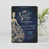 Gold Glitter Dress, Tiara, Diamonds Blue Sweet 17 Kaart (Staand voorkant)