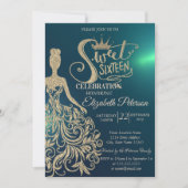 Gold Glitter Dress, Tiara, Diamonds Green Sweet 16 Kaart (Voorkant)