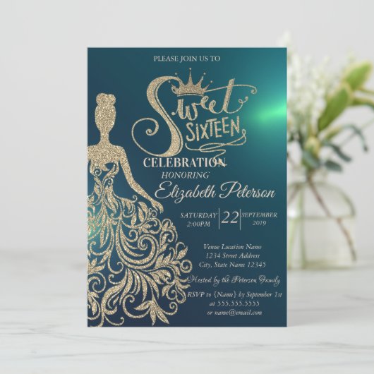 Gold Glitter Dress, Tiara, Diamonds Green Sweet 16 Kaart (Staand voorkant)