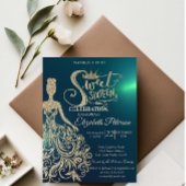 Gold Glitter Dress, Tiara, Diamonds Green Sweet 16 Kaart