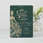 Gold Glitter Dress, Tiara, Diamonds Green Sweet 17 Kaart (Staand voorkant)