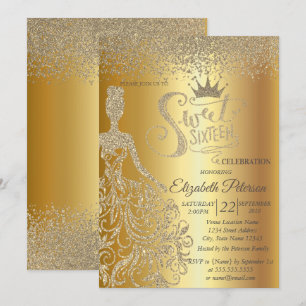 Gold Glitter Dress, Tiara, Diamonds Sweet 16 Kaart