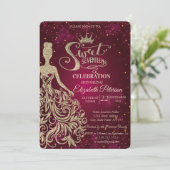 Gold Glitter Dress, Tiara, Diamonds Sweet 17 Kaart (Staand voorkant)