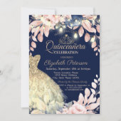 Gold Glitter Dress, Tiara Floral Quinceañera Kaart (Voorkant)
