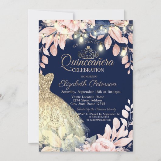 Gold Glitter Dress, Tiara Floral Quinceañera Kaart (Voorkant)
