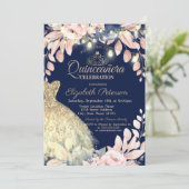 Gold Glitter Dress, Tiara Floral Quinceañera Kaart (Staand voorkant)