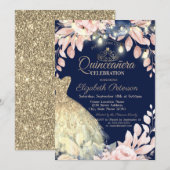 Gold Glitter Dress, Tiara Floral Quinceañera Kaart (Voorkant / Achterkant)