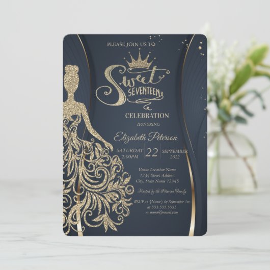 Gold Glitter Dress Tiara Navy Blue Quinceañera Kaart (Staand voorkant)