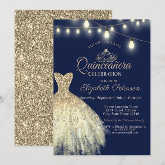 Gold Glitter Dress, Tiara Quinceañera Kaart (Voorkant / Achterkant)