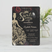 Gold Glitter Dress, Tiara, Rozen Sweet 17 Kaart (Staand voorkant)