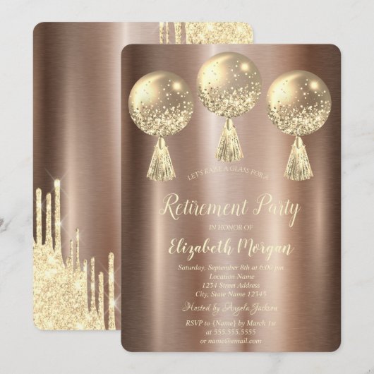 Gold Glitter Drift Balloons Bruin Pensioen Kaart (Voorkant / Achterkant)