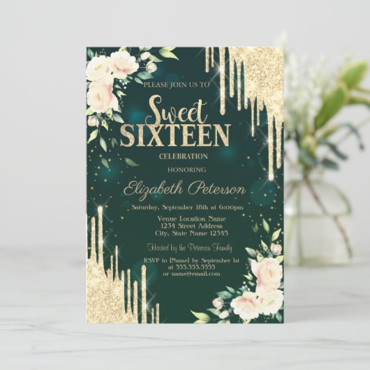Gold Glitter Drift Floral Green Kaart (Staand voorkant)