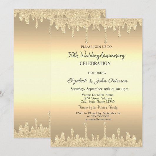 Gold Glitter Drift Gold Wedding Jubileum Kaart (Voorkant / Achterkant)
