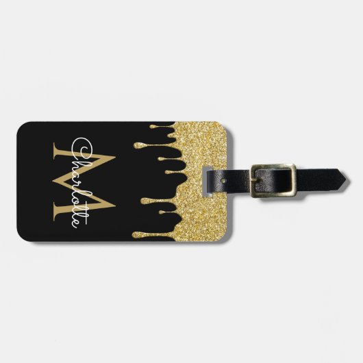 Gold Glitter Drift Monogram Elegant Girly Script Bagagelabel (Voorkant horizontaal)