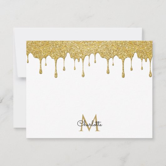 Gold Glitter Drift Monogram Elegant Girly Script Notitiekaartje (Voorkant)