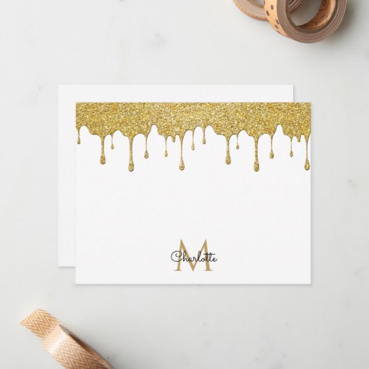 Gold Glitter Drift Monogram Elegant Girly Script Notitiekaartje (Voorkant / Achterkant in situ)