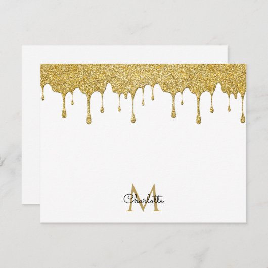 Gold Glitter Drift Monogram Elegant Girly Script Notitiekaartje (Voorkant / Achterkant)
