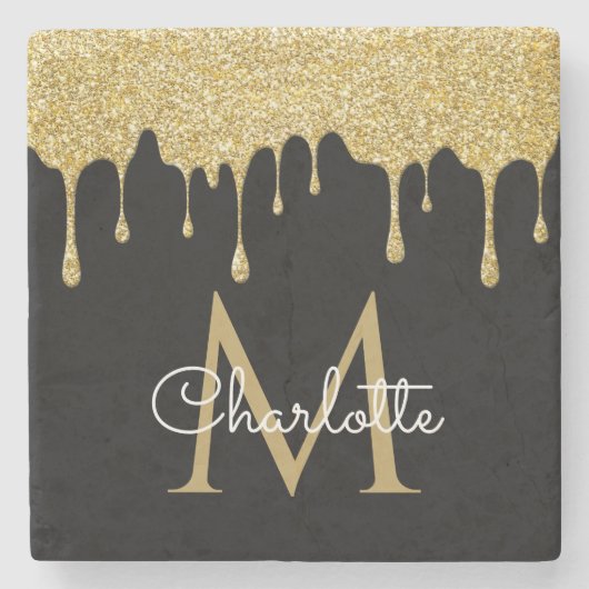 Gold Glitter Drift Monogram Elegant Girly Script Stenen Onderzetter (Voorkant)