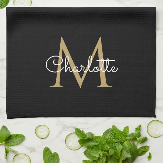 Gold Glitter Drift Monogram Elegant Girly Script Theedoek (Gevouwen)