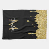 Gold Glitter Drift Monogram Elegant Girly Script Theedoek (Horizontaal)
