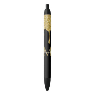Gold Glitter Drift Monogram Elegant Girly Script Zwarte Inkt Pen