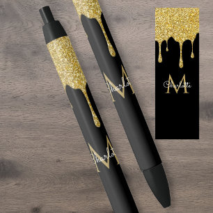 Gold Glitter Drift Monogram Elegant Girly Script Zwarte Inkt Pen