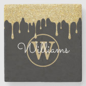 Gold Glitter Drift Monogram Script Name Black Stenen Onderzetter (Voorkant)