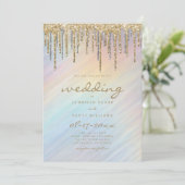 Gold Glitter Drift Rainbow Holographic Wedding Kaart (Staand voorkant)
