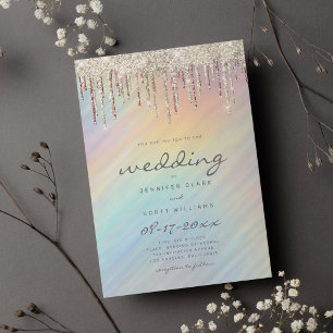 Gold Glitter Drift Rainbow Holographic Wedding Kaart
