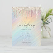 Gold Glitter Drift Rainbow Holographic Wedding Kaart (Staand voorkant)