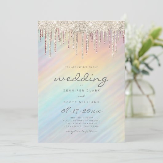 Gold Glitter Drift Rainbow Holographic Wedding Kaart (Staand voorkant)
