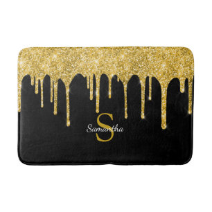 Gold Glitter Drift Sparkle Black Monogram Name Badmat