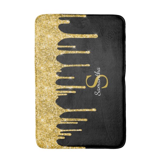 Gold Glitter Drift Sparkle Black Monogram Name Badmat (Voorkant Verticaal)