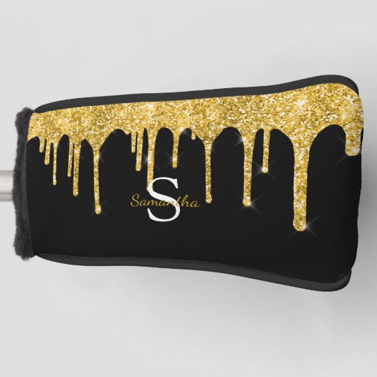 Gold Glitter Drift Sparkle Monogram Naam Golfheadcover (Voorkant)